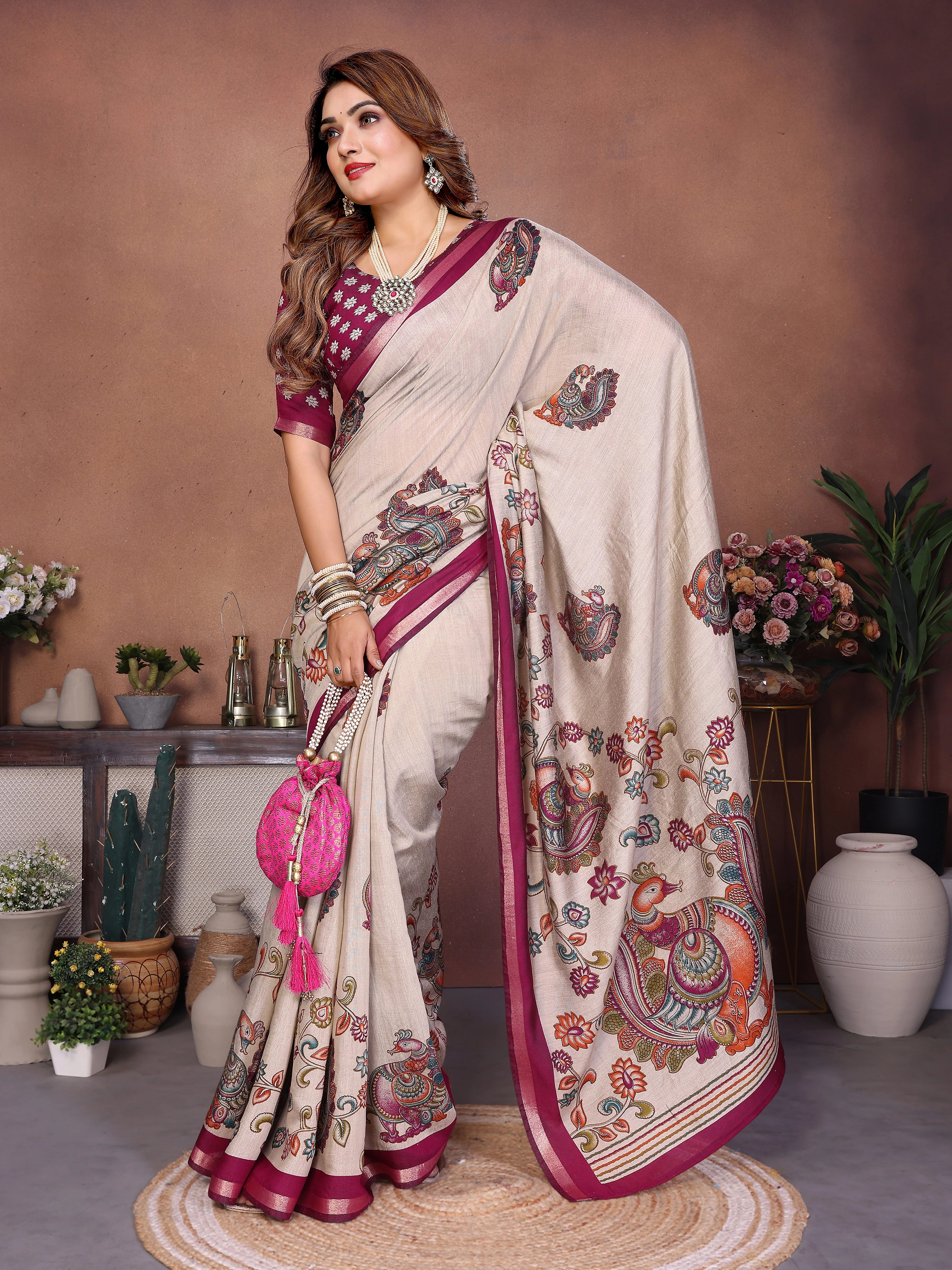 Dark Maroon & Beige Kalamkari Print Mul Cotton – Kalyanja